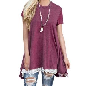 Short Sleeve Tunic Top with Lace Trim Bottom